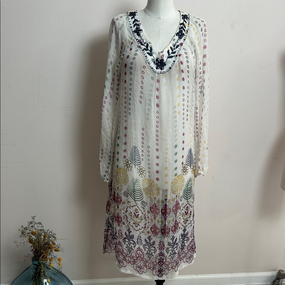 Peter Alexander Silk Floral Embroidered Long Sleeve Dress Coverup size S